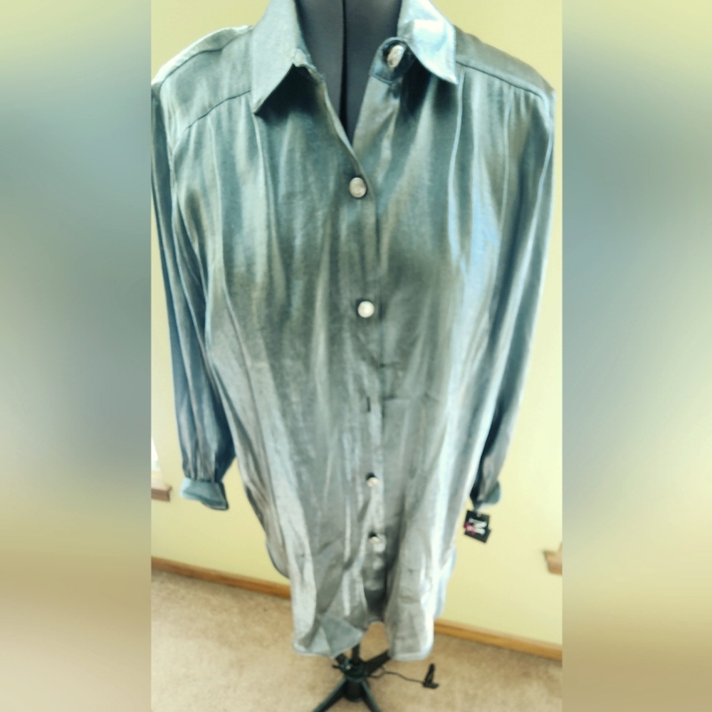 NWT Vintage Maggie Sweet Silver Metallic Long Sleeve Blouse  SZ 1X